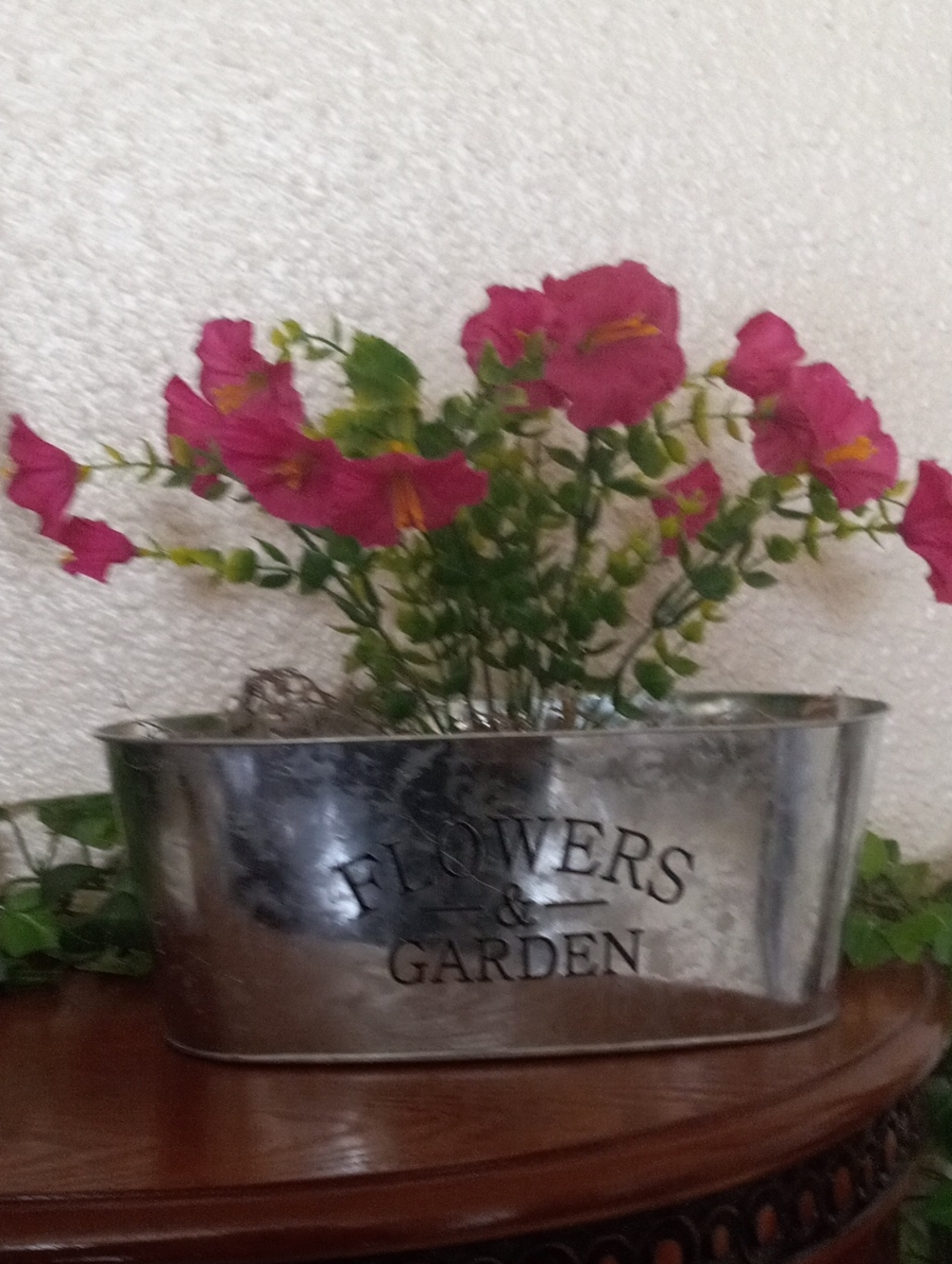 Pink Artificial Flower Arrangement in Metal 'Flowers & Garden' Planter